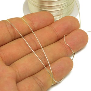 May include: Close-up of a hand holding strands of silver-coloured wire. A spool of wire is visible in the background. The wire is thin and appears to be used for jewellery making or crafts.