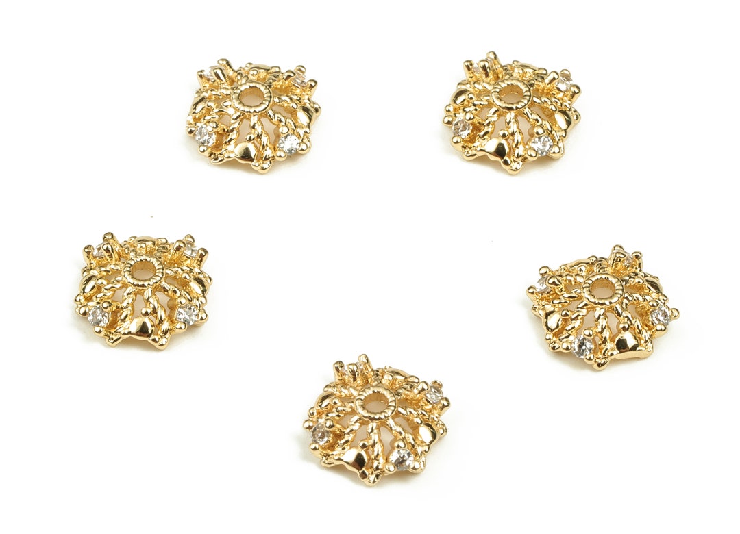 Brass Flower Bead End Caps With Zircons Gold Spacer Bead Caps 18K Gold
