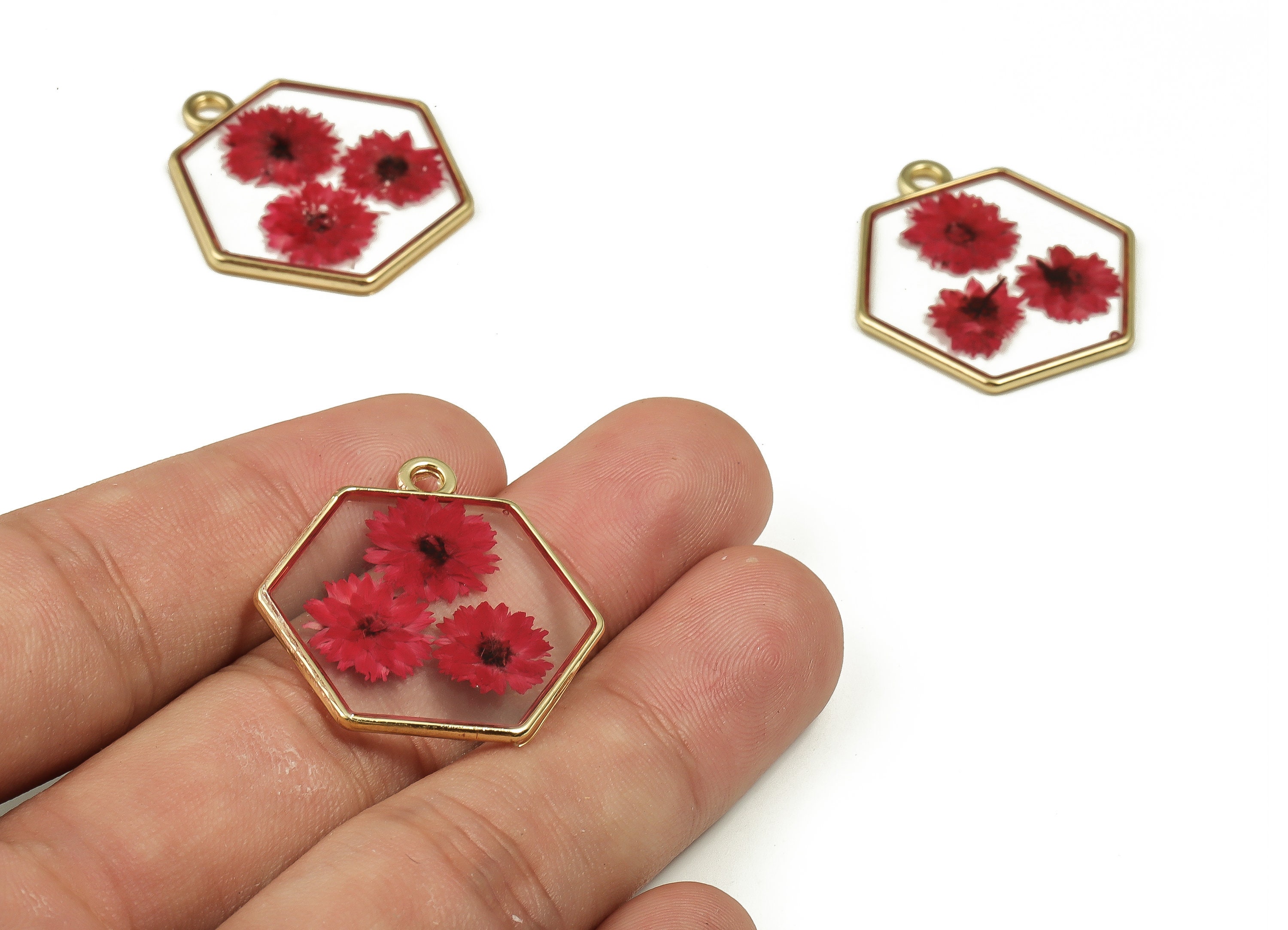 Epoxy Resin Hexagon Real Flower Earring Charms - Epoxy Resin Xiao