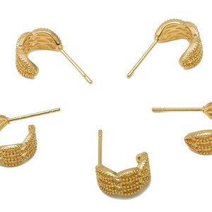 Brass Dots Hoop Stud Earring - Textured Huggie C Earring Post - 316 Stainless Steel Stud - 18K Real Gold Plating - 19.7x11.6x1.7mm - RGP5607
