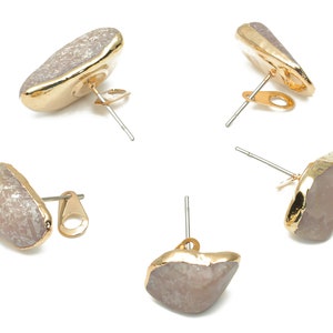 Kunzite Earring Stud with Loop - Natural Stone Earring Post -  Gold Tone Plated Stone – 316 Surgical Stainless Steel - 14.1x10x6mm – NS1762M