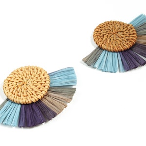 Rattan Raffia Tassel Round Charms - Circle Earrings with Fan Tassels - Handmade Rattan - Woven Earrings - 82.9x60.58x6.72mm - RT1338