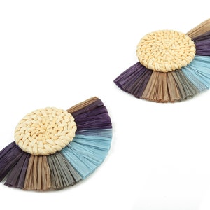 Rattan Raffia Tassel Round Charms - Circle Earrings with Fan Tassels - Handmade Rattan - Woven Earrings - 80.38x57.23x7.17mm - RT1349
