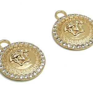 Brass Round Earring Charms With Zircons - Gold Face Pendant - 18K Real Gold Plated Brass - Jewelry Supplies - 24.96x20.51x5.3mm- RGP4124