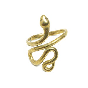 Può includere: Un anello color oro a forma di serpente. La testa del serpente è sollevata e il corpo si avvolge attorno al dito. L'anello è in metallo lucido su sfondo bianco.