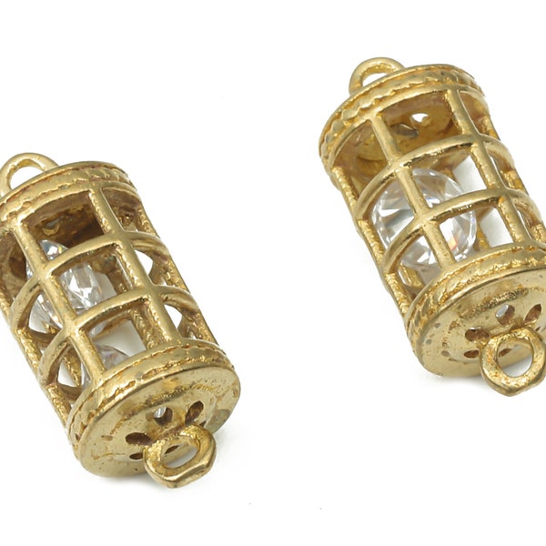 Brass Lantern Earring Connectors with Zircons - Raw Brass Birdcage Charms and Pendant - Jewelry Making Supplies - 15.47x6.39x6.39mm - PP7447