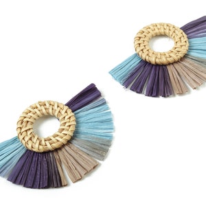Rattan Raffia Tassel Round Charms - Circle Earrings with Fan Tassels - Handmade Rattan - Woven Earrings - 75.58x56.04x6.11mm - RT1344
