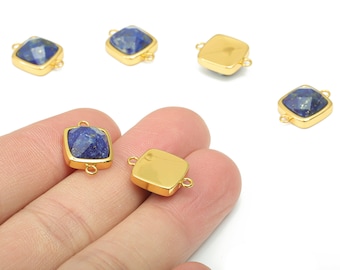 Lapis Lazuli Faceted Square Earring Connectors - 11mm Natural Stone - Brass Square Charms - Gold Tone Plated Brass – 16.5x11.4x5.9mm–NS1673A