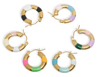 Stainless Steel Hoop Earring - Colorful Enamel Hinged Back Hoop Earring - Chunky Pastel Hoop Earring - Gift For Her -Gold Tone Vacuum Plated