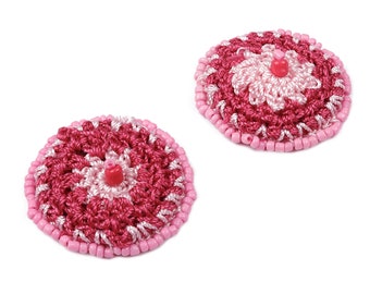 Crochet Round Earrings - Crochet Earrings with Beads - Knit weaving Earrings - Handmade Flower Earrings - 37.12x37.12x3.93mm - TS1071