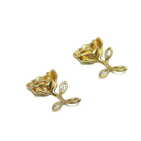 Brass Rose Earring Charm - Zircon Rose Earring Charm - Raw Brass Botanical Pendant -Brass Flower Charm - 16.97x9.63x3.28mm - PP8677