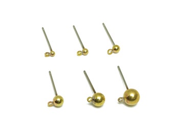 Ball Stud Earrings With Loop - Brass Ball Pad Studs - Brass Bead Earring Post- Earring Charms - Jewelry Supplies - Stainless Steel Post