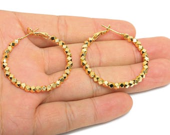 Faceted Bead Hoop Earring - Brass Polished Cubic Bead Clasp Back - Shiny Faceted Beads Earring - 18K Real Gold Plated - 40x38x2mm - RGP9637