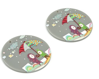 Acrylic Round Earring Charms - Acrylic Boy With Umbrella Clouds Round Pandant - Jewelry Supplies - 39.7x39.85x2.29mm - AC2160