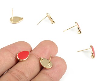 Brass Drop Earring Post With Enamel - Gold Drop Earring Stud - 18K Real Gold Plated Brass - 925 Silver Stud - 12.03x8.25x1.71mm - RGP3183