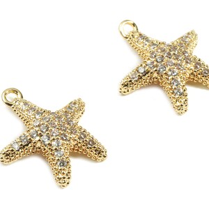 Brass Starfish Charms With Zircons - Brass Starfish Earring Bracelet Charms - 18K Real Gold Plated Brass - 13.52x11.37x1.97mm - RGP2437