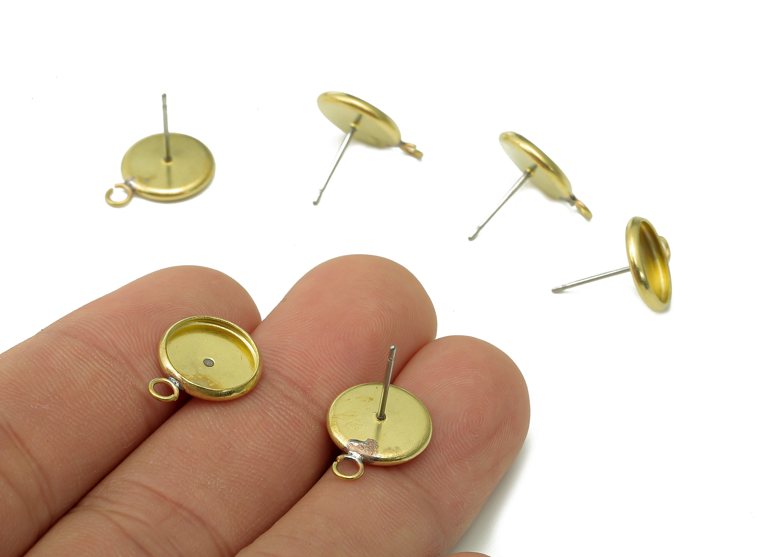 Brass Earring Stud with Zircon - Circle Earring Post - Brass Earring