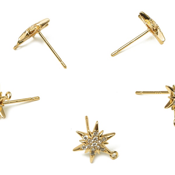 Brass Hexagram North Star Earring Post - Zircon Star Earring With Loop - 316 Stainless Steel - 18K Real Gold Plating -12.6x9.7x2.3mm-RGP5226