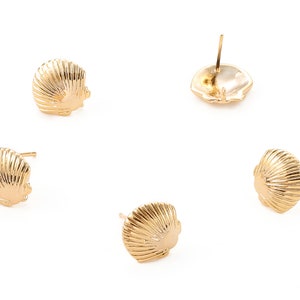 Brass Mussel Shell Earring Posts - Brass Mussel Shell Earring Stud - 18K Real Gold Plated Brass Stud -  11.33x10.78x1.2mm - RGP1047