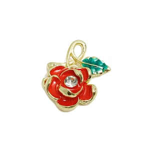 Alloy Enamel Flower Pendant - Vintage Crystal Red Rose Charm - Romantic DIY Rose Jewelry - Craft Jewelry Making - 18x14.36x5.17mm - AC3572