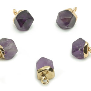 Amethyst Hexagon Earring Charms - Brass Hexagon Pendant - Iron Loop - Natural Stone - Gold Tone Plated Brass – 12.57x8.45x8.18mm – NS1580K