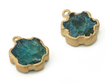 Blue Agate Flower Earring Charms - Brass Flower Pendant - Natural Stone - Matte Gold Tone Plated Brass – 27.22x20.09x7.09mm – NS1543B