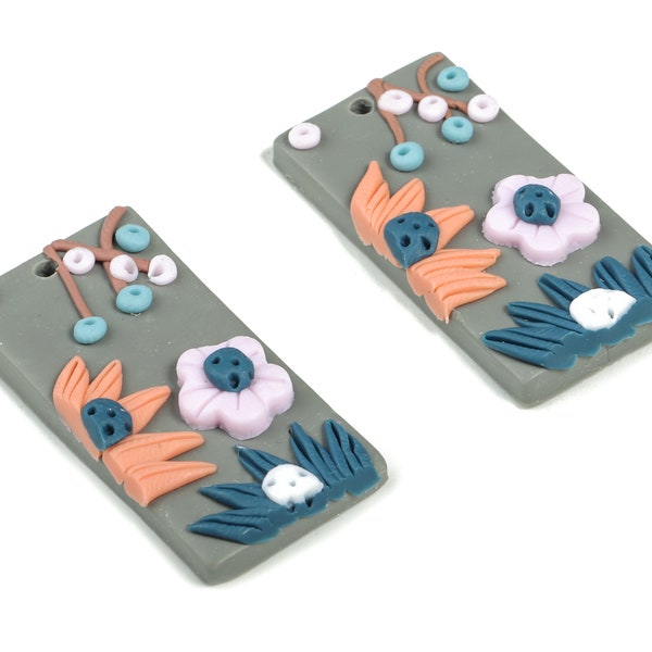 PolymerClay Rectangle Flower Earring Charms - PolymerClay Rectangle Pandant - Earring Findings - Jewelry Handmade - 36.89x19x6.5mm - PC2271A