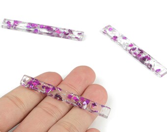 Acrylic Long Stick Earring Charms - Long Rectangle Pendant - Purple Silver Foil & Confetti - Color Code: A538-59.83x7.79x2.8mm - AC1049-A538