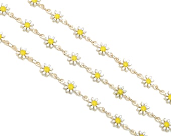 Enamel Flower Chains - Brass Daisy Chain - Floral Link Chain Findings - 18K Real Gold Plated Brass - 12.65x7.33x1.76mm - RGP4734