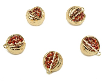 Brass Pomegranate Earring Charm - Gold Mini Fruit Charm - Red Zircon Pendant With Loop - 18K Real Gold Plating -10.5x8.8x7.7mm -RGP5310