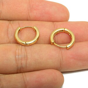 Puede incluir: Dos pendientes de aro dorados. Los pendientes son redondos con cierre de bisagra. Los aros tienen aproximadamente 1,3 cm de diámetro. Los pendientes se muestran sobre un fondo claro.