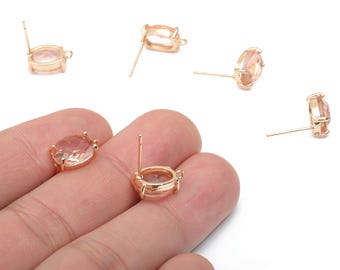 Glass Oval Earring Stud - Brass Oval Earring Post - Gold Tone Plated Brass - Faceted Glass - Jewelry Supplies - 12.36x8.14x4.51mm - GS1126C