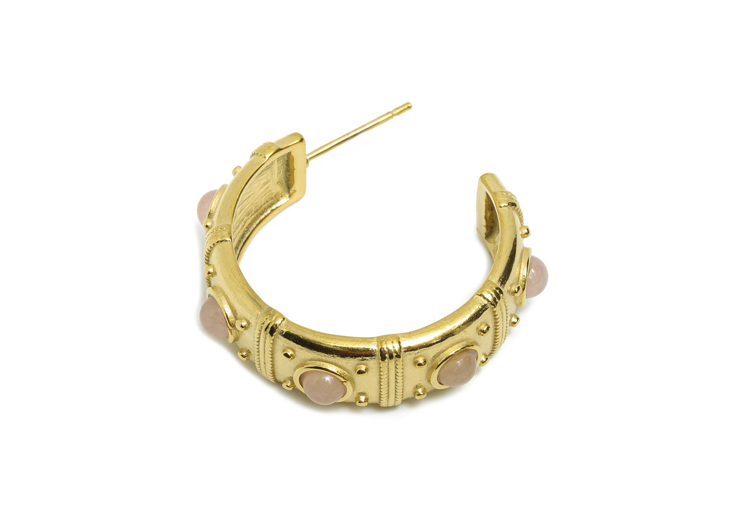 Pink Quartz C Hoop Studs - Ancient Roman Style - Greek Vintage Style - Steel Natural Stone Post - 18K Gold Plated - 31.75x9x2.68mm - SS2246