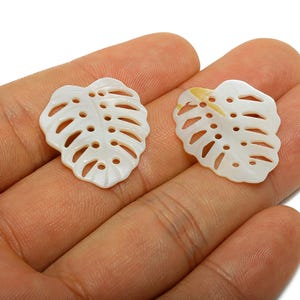 May include: Two white, leaf-shaped pendants with a monstera design. Each pendant has a series of holes and cut-out sections, creating a delicate, openwork pattern. The pendants are held in a hand.