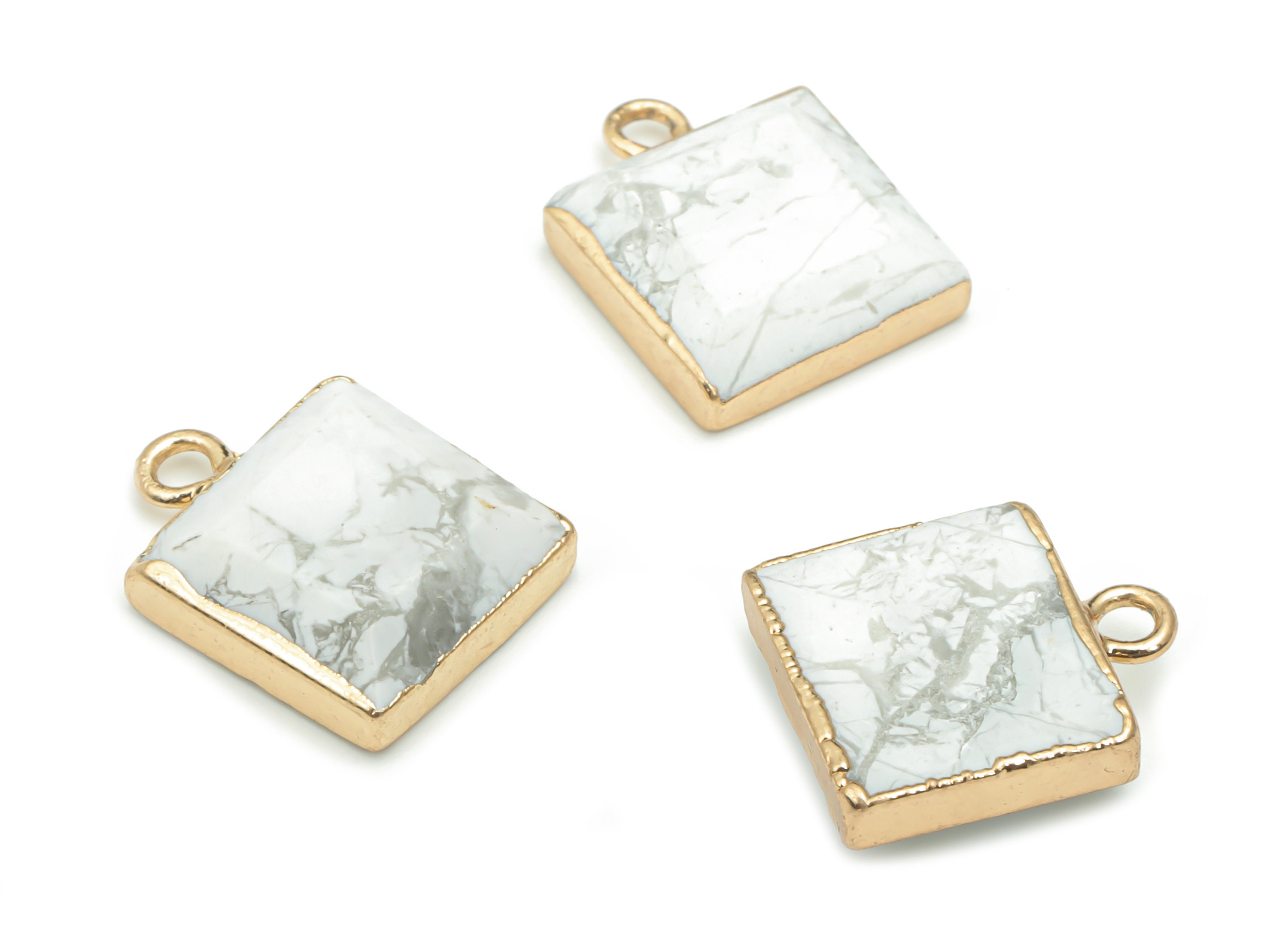 Howlite Natural Stone Square Earring Charms - Brass Square