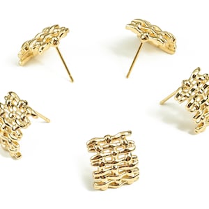 Brass Grid Earring Post - Gold Grid Earring Stud - 18K Real Gold Plated Brass - Stainless Steel Stud - 14.57x11.81x2.9mm - RGP3809