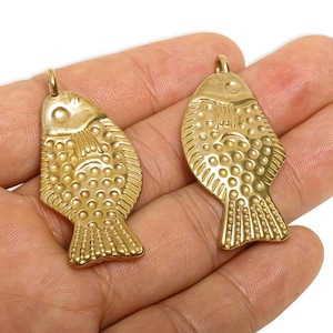 Brass Fish Pendant - Textured Fish Jewelry Pendant - Marine Life Pendant - Brass Ocean Theme Charm - Artisan Fish Charm - 45x22x6mm -PP11549 image 1