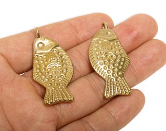 Brass Fish Pendant - Textured Fish Jewelry Pendant - Marine Life Pendant - Brass Ocean Theme Charm - Artisan Fish Charm - 45x22x6mm -PP11549