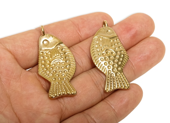 Brass Fish Pendant - Textured Fish Jewelry Pendant - Marine Life Pendant - Brass Ocean Theme Charm - Artisan Fish Charm - 45x22x6mm -PP11549