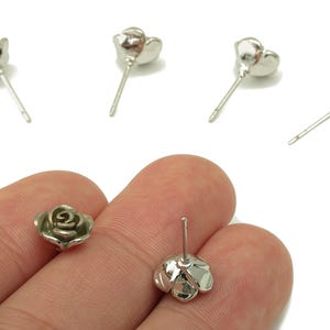 Silver Rose Stud Earrings – Botanical Flower Petal Post, 18K White Gold Plating (9.3x9x0.8mm) RGP5922S