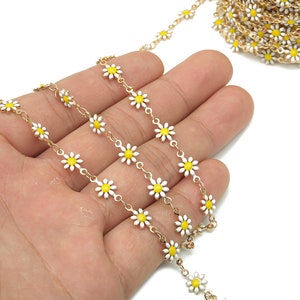 Enamel Flower Chains - Brass Daisy Chain - Floral Link Chain Findings - 18K Real Gold Plated Brass - 12.65x7.33x1.76mm - RGP4734