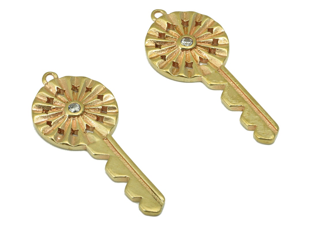 Brass Key Earring Charm Raw Brass Key Pendant Cubiczircons Earring Finding jewelry Supplies 30x