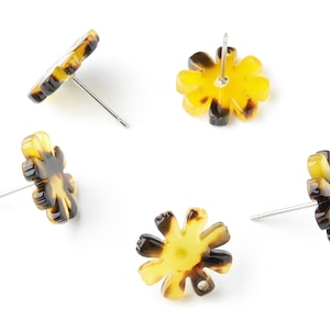 Acetate Acrylic Earring Charms - Tortoise Shell Stud Earrings - 1 Hole - Flower Shaped - Color Code:A02 - 14.48x14.04x2.65mm - AC1335F
