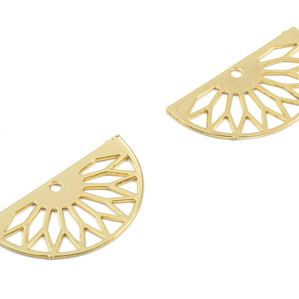 Brass Fan Earring Charms - Gold Semi Circle Pendant - 18K Real Gold Plated Brass - Jewelry Supplies - 19x10.3x0.3mm - RGP2614