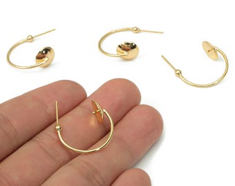 Brass C Open Hoop Earring Stud with Ball Cap - Gold C Hoop Post - Stainless Steel Stud - 18k Real Gold Plated Brass - 22.9x18.4x2mm- RGP4485