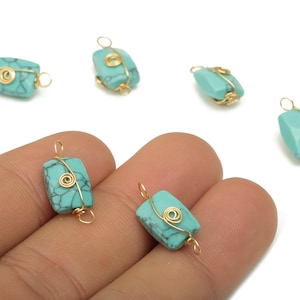 Blue Jade Earring Connector - Brass Wire Wrapped Rectangle Pendant - Faceted Natural Stone - Gold Tone Plating - 19.85x7.44x7.01mm - NS1863G
