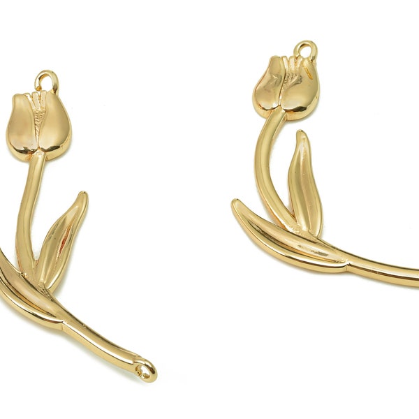 Brass Tulip Flower Connector - Earring With Hook - Pendant With Loop - Charm For Necklace - 18K Real Gold Plating - 33.7x9.3x1.4mm - RGP5490