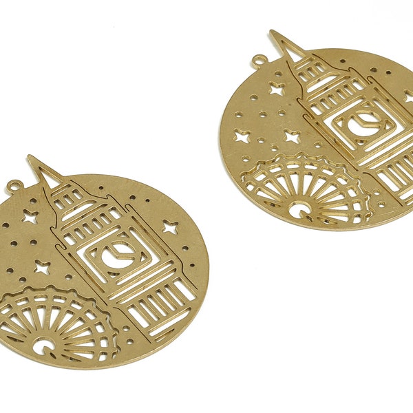 Brass Round Ferris Wheel Earring Charms - Raw Brass Clock Star Pendant - Earrings Finding - Jewelry Supplies - 40.53x34.93x0.76mm - PP4700