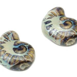 May include: Two ceramic ammonite shell beads with a light blue, brown, and white swirl pattern. The beads have a hole drilled through the centre for stringing.