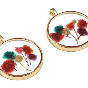 Epoxidharz Runde Echte Blume Ohrringe Charms - Epoxidharz Baby-Atem Anhänger - Vergoldete Legierung - 35x29,04x4,64mm - ZZ1911